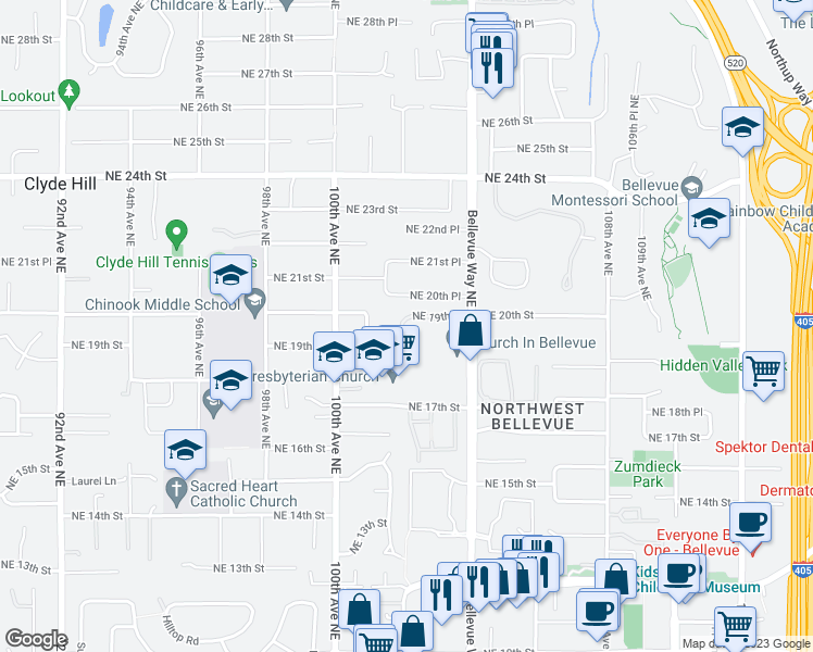 map of restaurants, bars, coffee shops, grocery stores, and more near 10307 Northeast 19th Place in Bellevue