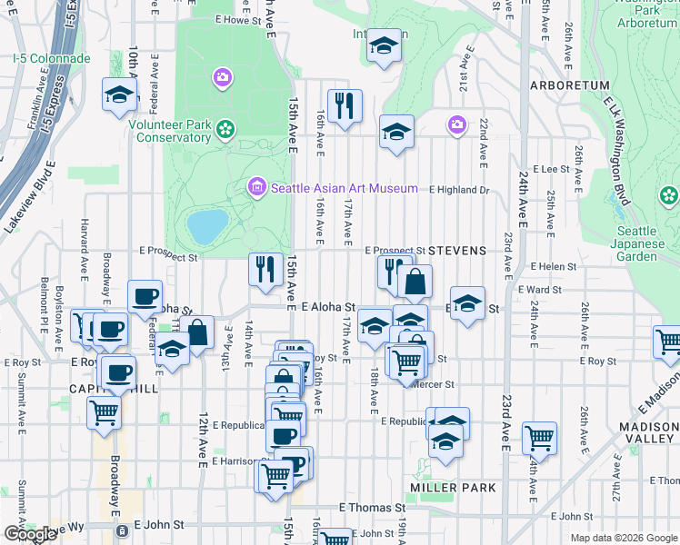 map of restaurants, bars, coffee shops, grocery stores, and more near 937 17th Avenue East in Seattle