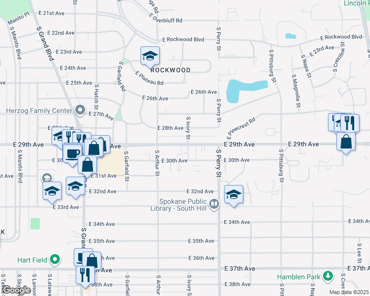 map of restaurants, bars, coffee shops, grocery stores, and more near 1202 East 29th Avenue in Spokane