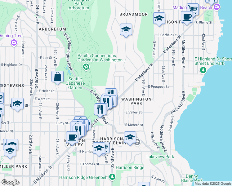 map of restaurants, bars, coffee shops, grocery stores, and more near 1016 32nd Avenue East in Seattle