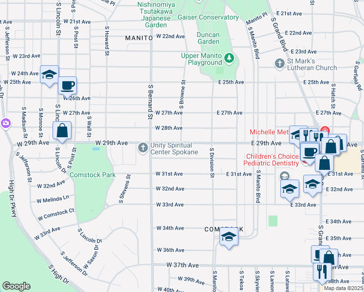 map of restaurants, bars, coffee shops, grocery stores, and more near 111 West 29th Avenue in Spokane