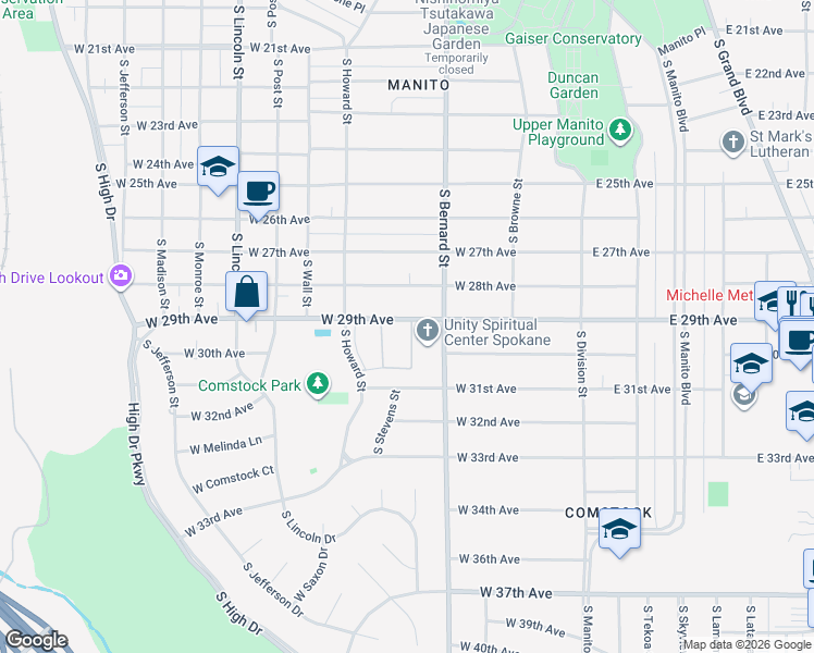 map of restaurants, bars, coffee shops, grocery stores, and more near 401 Catafalque Drive in Spokane