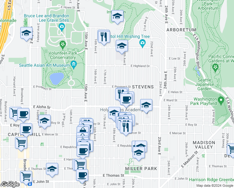 map of restaurants, bars, coffee shops, grocery stores, and more near 938 18th Avenue East in Seattle