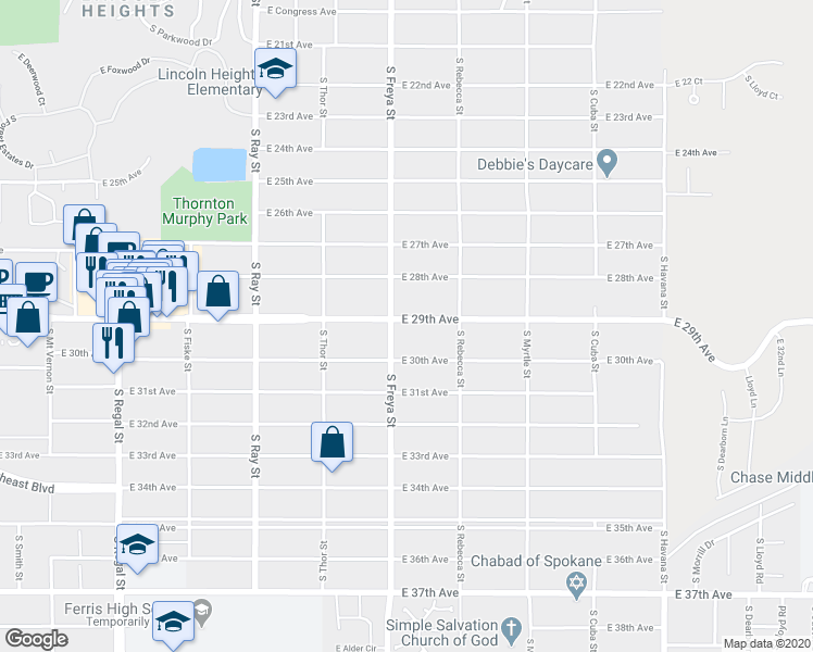map of restaurants, bars, coffee shops, grocery stores, and more near 3622 East 29th Avenue in Spokane