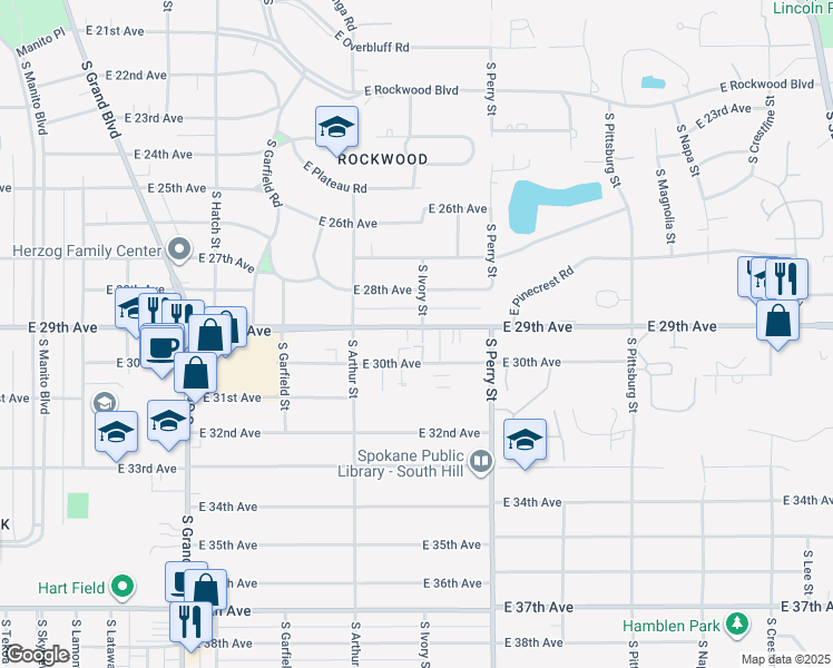 map of restaurants, bars, coffee shops, grocery stores, and more near 1202 East 29th Avenue in Spokane