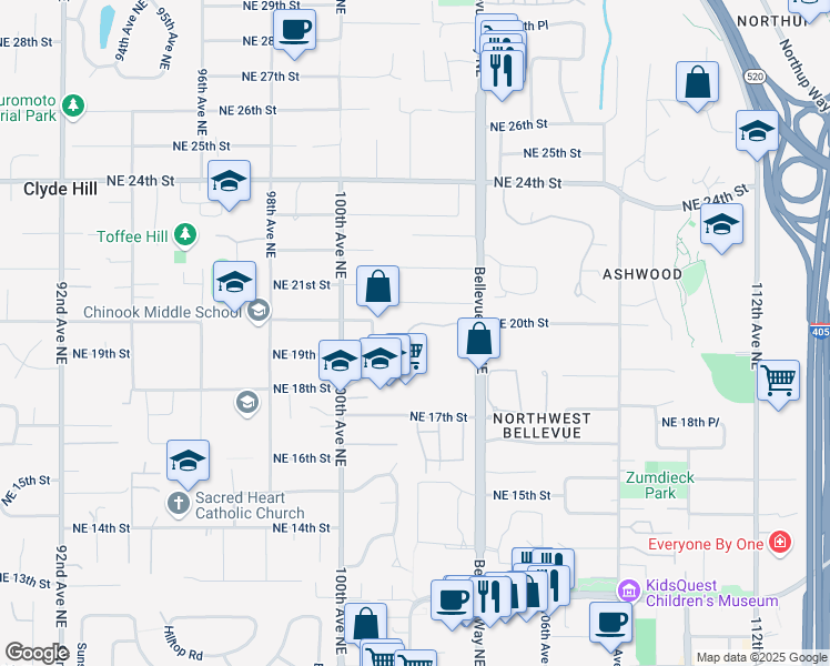 map of restaurants, bars, coffee shops, grocery stores, and more near 10213 Northeast 19th Place in Bellevue