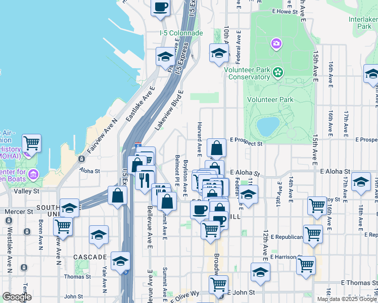 map of restaurants, bars, coffee shops, grocery stores, and more near 1002 Boylston Avenue East in Seattle