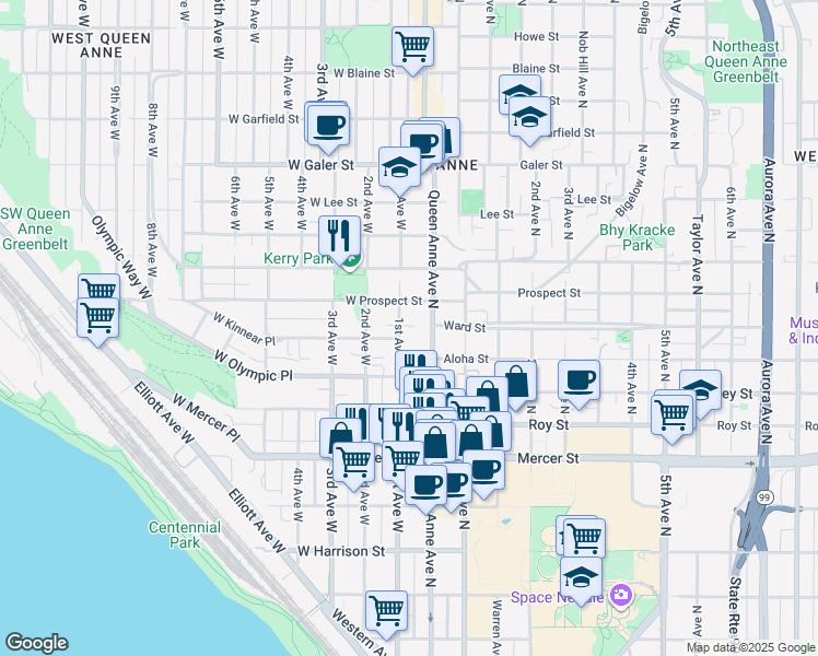 map of restaurants, bars, coffee shops, grocery stores, and more near 1001 1st Avenue West in Seattle