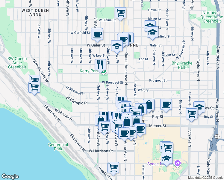 map of restaurants, bars, coffee shops, grocery stores, and more near 1001 1st Avenue West in Seattle