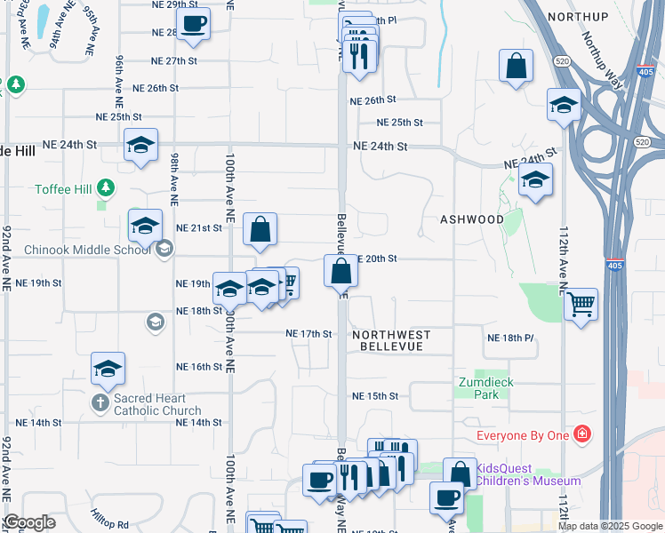 map of restaurants, bars, coffee shops, grocery stores, and more near 10331 Northeast 19th Place in Bellevue