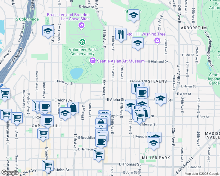map of restaurants, bars, coffee shops, grocery stores, and more near 939 16th Avenue East in Seattle