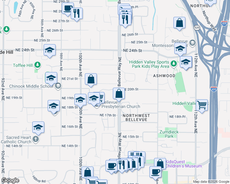 map of restaurants, bars, coffee shops, grocery stores, and more near 10327 Northeast 19th Place in Bellevue