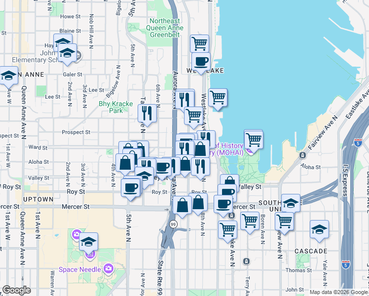 map of restaurants, bars, coffee shops, grocery stores, and more near 905 Dexter Avenue North in Seattle