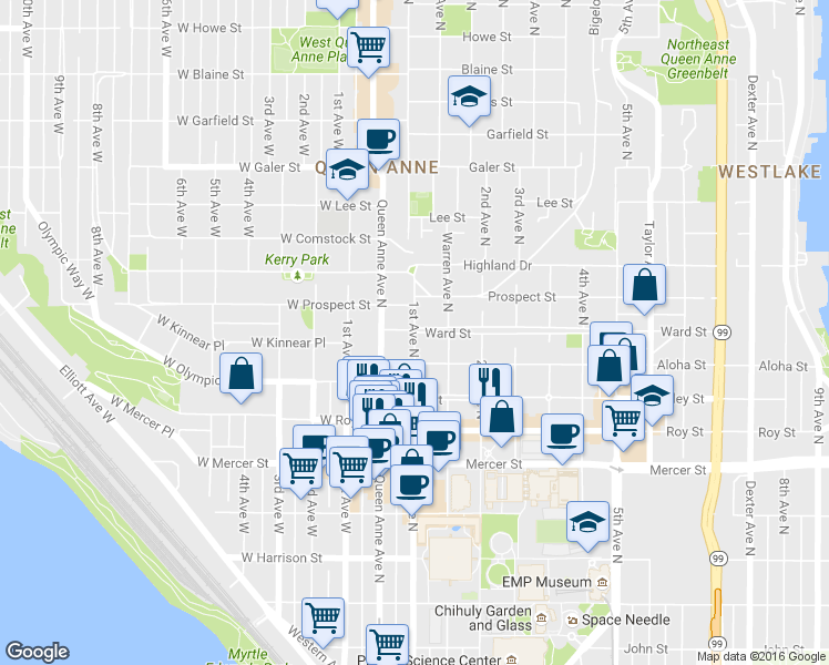 map of restaurants, bars, coffee shops, grocery stores, and more near 1st Avenue North & Ward Street in Seattle
