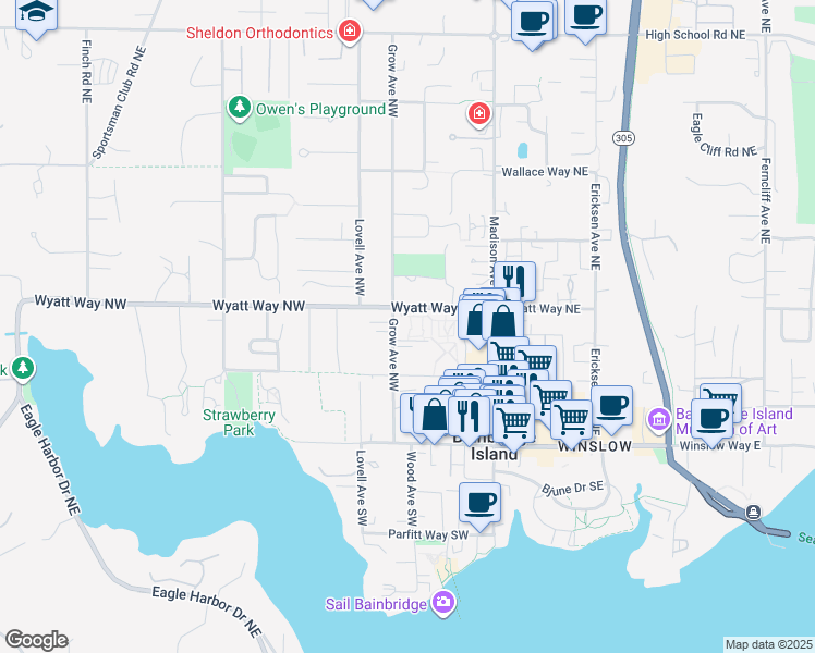 map of restaurants, bars, coffee shops, grocery stores, and more near 449 Sprout Path Northwest in Bainbridge Island