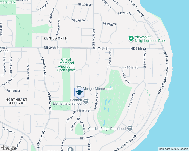 map of restaurants, bars, coffee shops, grocery stores, and more near 2019 180th Court Northeast in Redmond