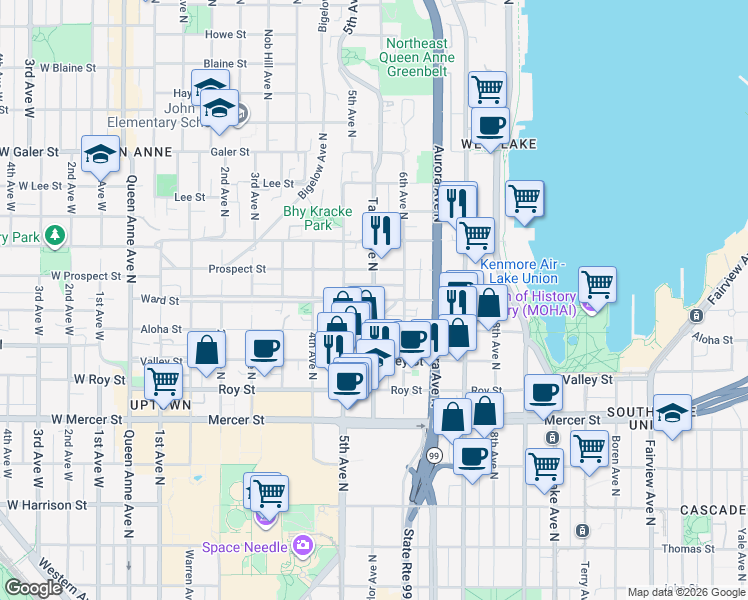 map of restaurants, bars, coffee shops, grocery stores, and more near Taylor Ave N & Ward St in Seattle