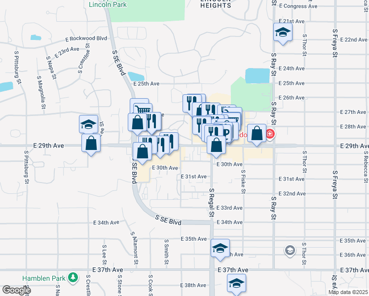 map of restaurants, bars, coffee shops, grocery stores, and more near 2706 East 29th Avenue in Spokane