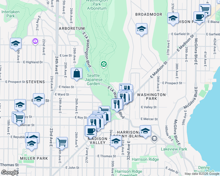 map of restaurants, bars, coffee shops, grocery stores, and more near East Lake Washington Boulevard in Seattle