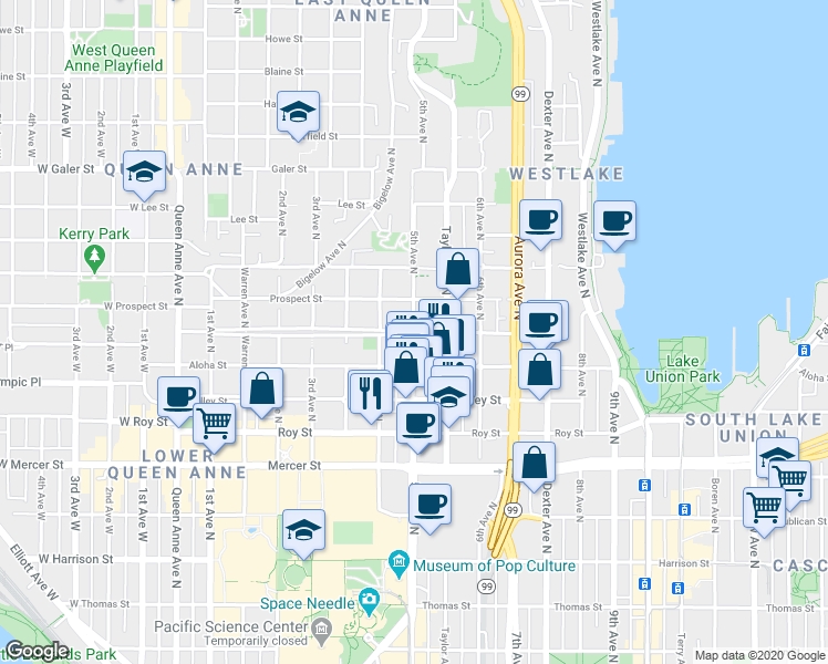 map of restaurants, bars, coffee shops, grocery stores, and more near 5th Avenue North & Ward Street in Seattle