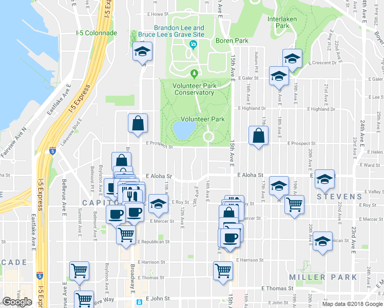 map of restaurants, bars, coffee shops, grocery stores, and more near 955 13th Avenue East in Seattle