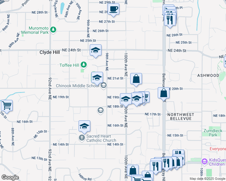 map of restaurants, bars, coffee shops, grocery stores, and more near 2014 98th Avenue Northeast in Bellevue