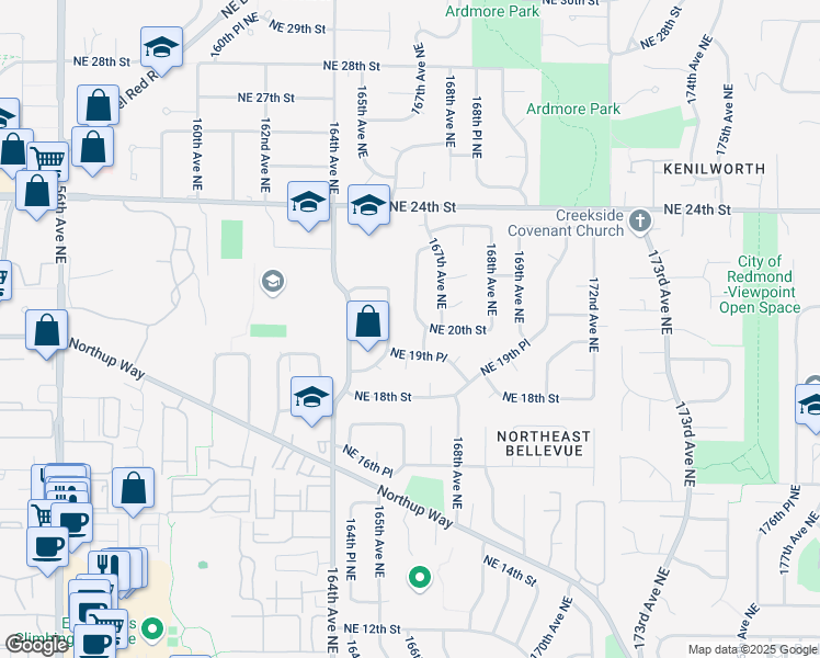 map of restaurants, bars, coffee shops, grocery stores, and more near 16605 Northeast 20th Street in Bellevue