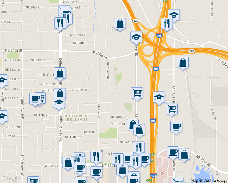 map of restaurants, bars, coffee shops, grocery stores, and more near 1930 109th Avenue Northeast in Bellevue