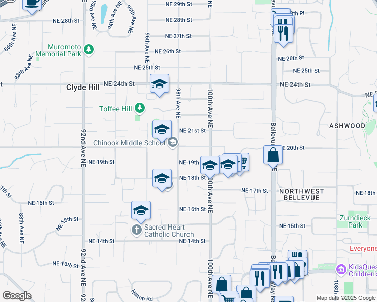 map of restaurants, bars, coffee shops, grocery stores, and more near 2014 98th Avenue Northeast in Bellevue