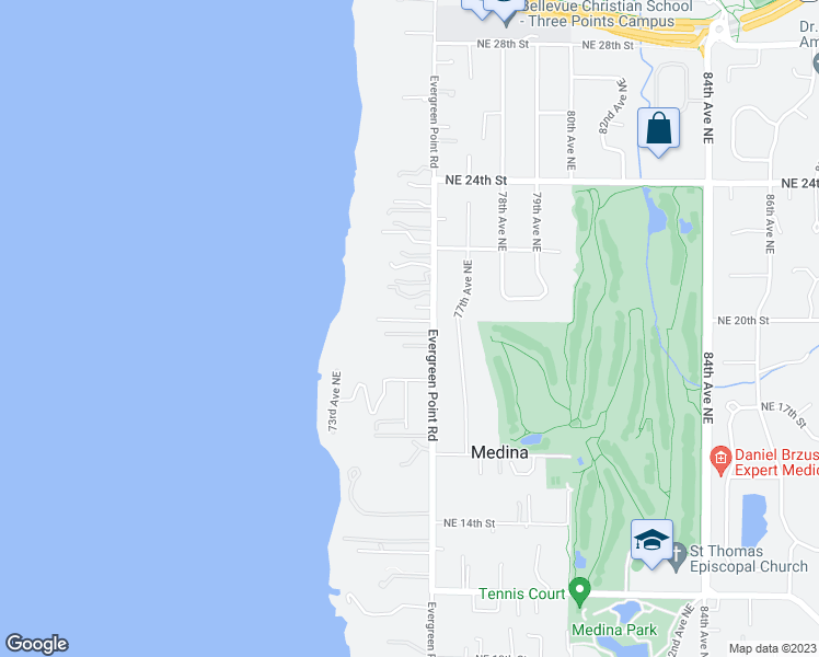 map of restaurants, bars, coffee shops, grocery stores, and more near 1847 Evergreen Point Road in Medina