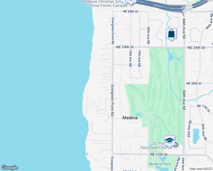 map of restaurants, bars, coffee shops, grocery stores, and more near 1847 Evergreen Point Road in Medina