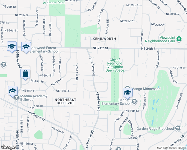 map of restaurants, bars, coffee shops, grocery stores, and more near Northeast 20th Place in Redmond