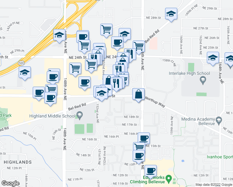 map of restaurants, bars, coffee shops, grocery stores, and more near 15238 Bel-Red Road in Bellevue