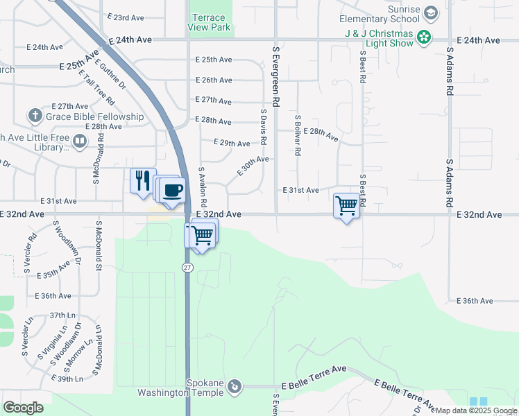 map of restaurants, bars, coffee shops, grocery stores, and more near 13811 East 32nd Avenue in Spokane Valley
