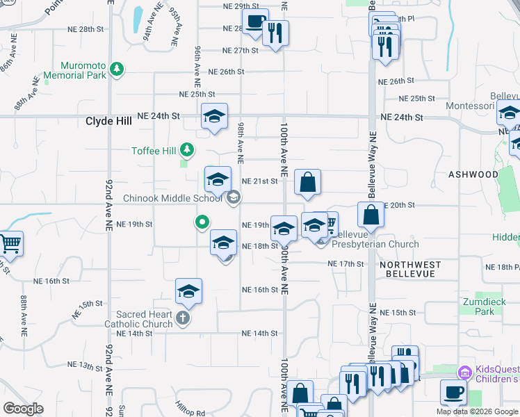 map of restaurants, bars, coffee shops, grocery stores, and more near 9827 Northeast 20th Street in Bellevue