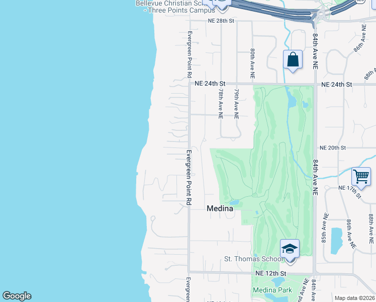 map of restaurants, bars, coffee shops, grocery stores, and more near 1845 Evergreen Point Road in Medina