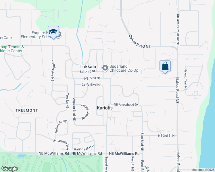 map of restaurants, bars, coffee shops, grocery stores, and more near 3255 Northeast Quinault Drive in Bremerton