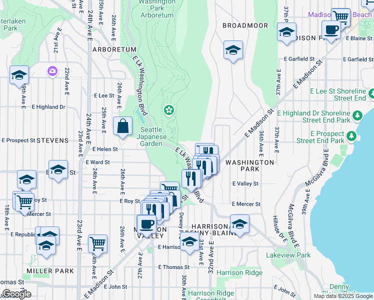 map of restaurants, bars, coffee shops, grocery stores, and more near 1101 Washington Place East in Seattle