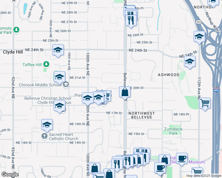 map of restaurants, bars, coffee shops, grocery stores, and more near 10307 Northeast 19th Place in Bellevue