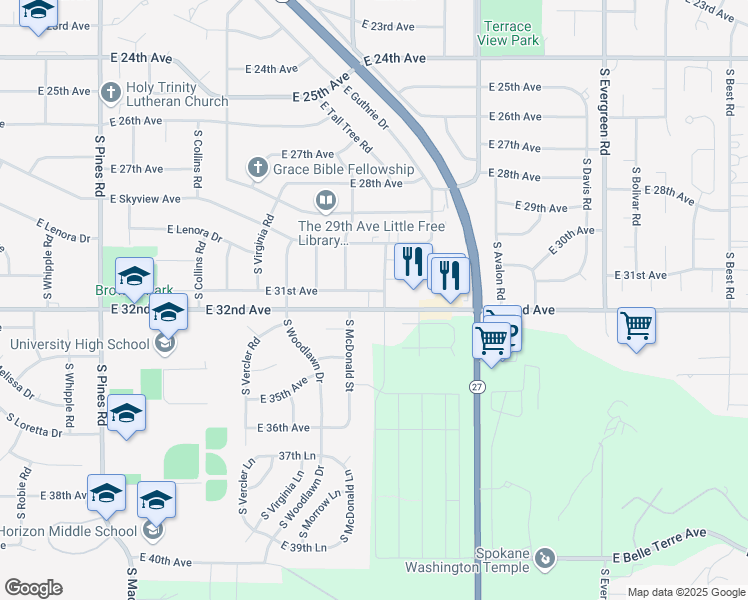 map of restaurants, bars, coffee shops, grocery stores, and more near 3110 South Clinton Road in Spokane Valley