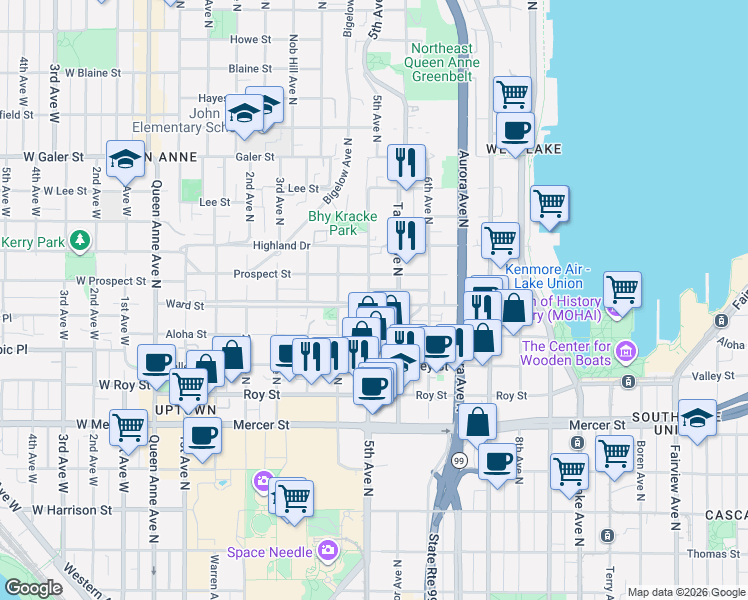 map of restaurants, bars, coffee shops, grocery stores, and more near 1000 5th Avenue North in Seattle