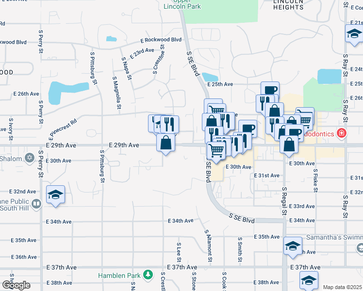 map of restaurants, bars, coffee shops, grocery stores, and more near 2300 East 29th Avenue in Spokane