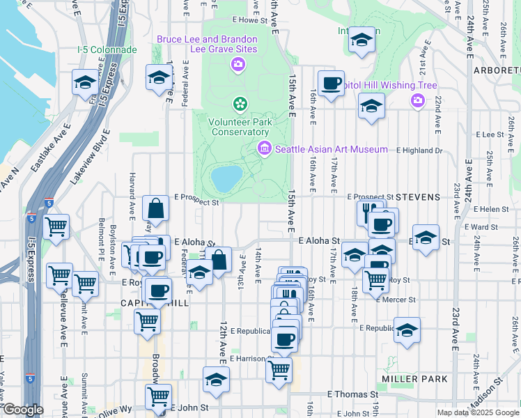 map of restaurants, bars, coffee shops, grocery stores, and more near 1401 East Prospect Street in Seattle