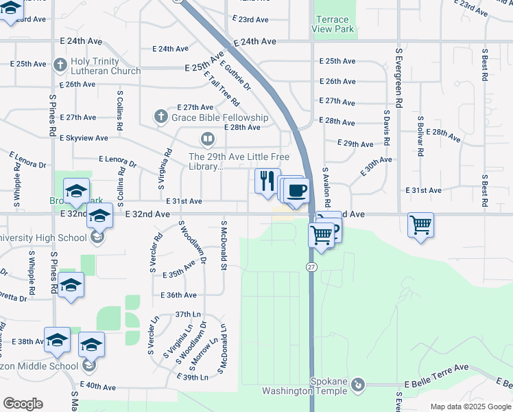 map of restaurants, bars, coffee shops, grocery stores, and more near 13211 East 32nd Avenue in Spokane Valley