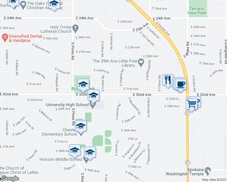 map of restaurants, bars, coffee shops, grocery stores, and more near 12704 East 31st Avenue in Spokane Valley