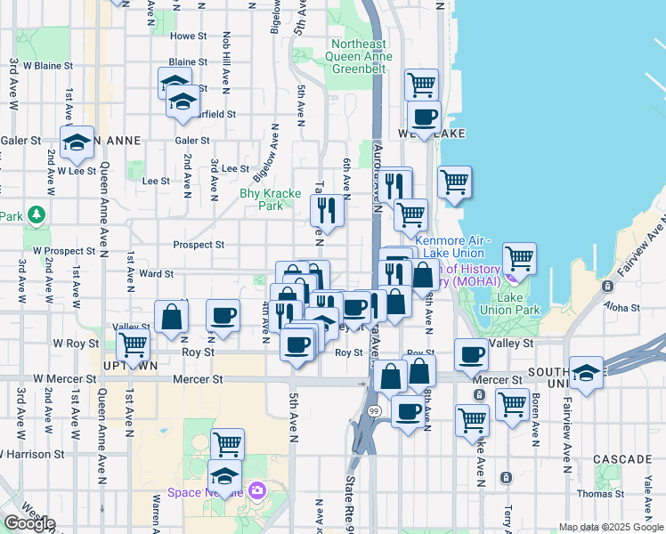 map of restaurants, bars, coffee shops, grocery stores, and more near 560 Ward Street in Seattle