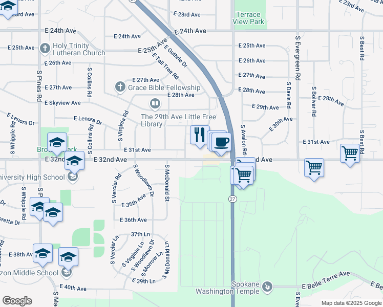 map of restaurants, bars, coffee shops, grocery stores, and more near 13221 East 32nd Avenue in Spokane Valley