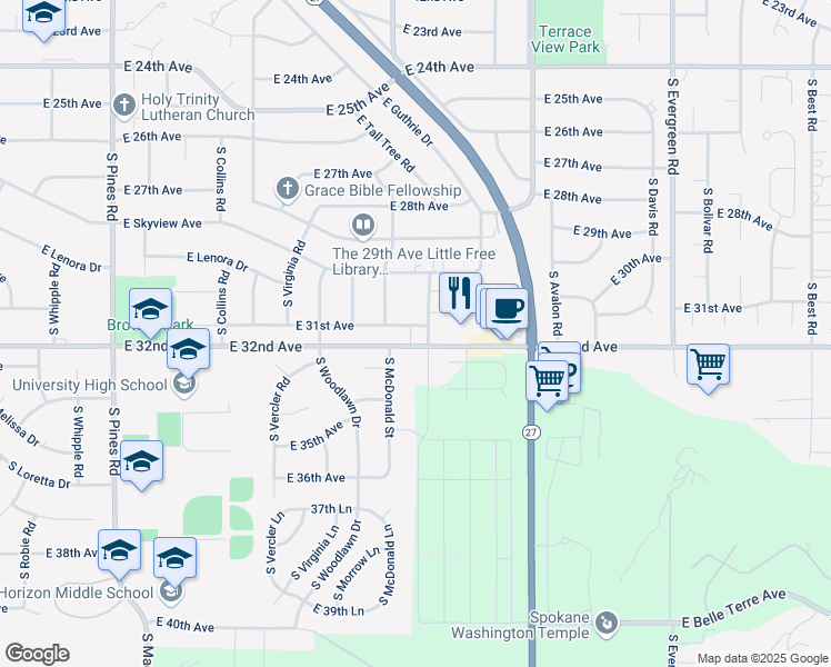 map of restaurants, bars, coffee shops, grocery stores, and more near 3110 South Clinton Road in Spokane Valley