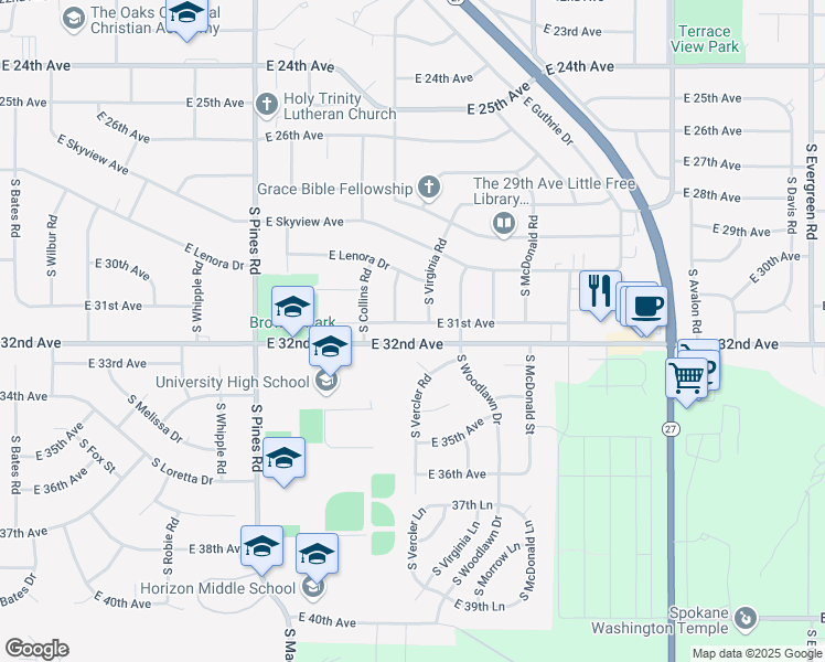 map of restaurants, bars, coffee shops, grocery stores, and more near 12704 East 31st Avenue in Spokane Valley