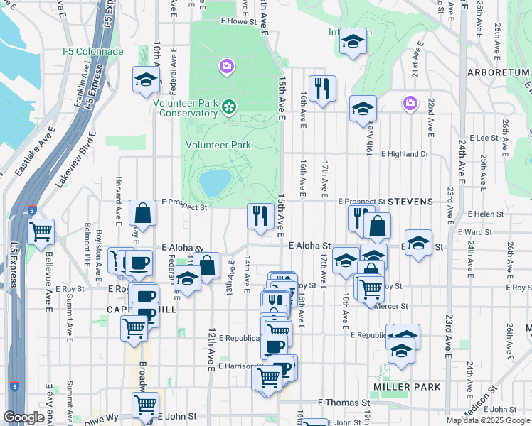 map of restaurants, bars, coffee shops, grocery stores, and more near 1007 15th Avenue East in Seattle